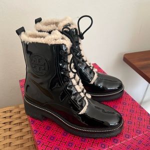 Tory Burch Miller Lug-Sole Shearling-Lined Patent Leather Combat Boots